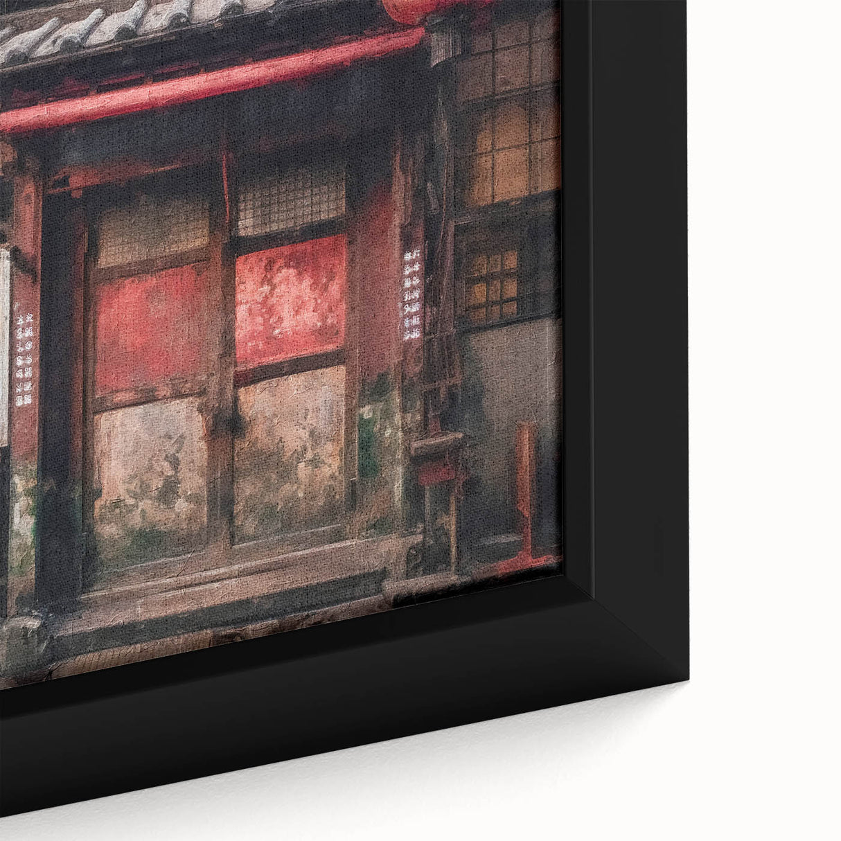 Close-up of a black framed canvas featuring a textured, colorful depiction of a Japanese door, ideal for living room decor.