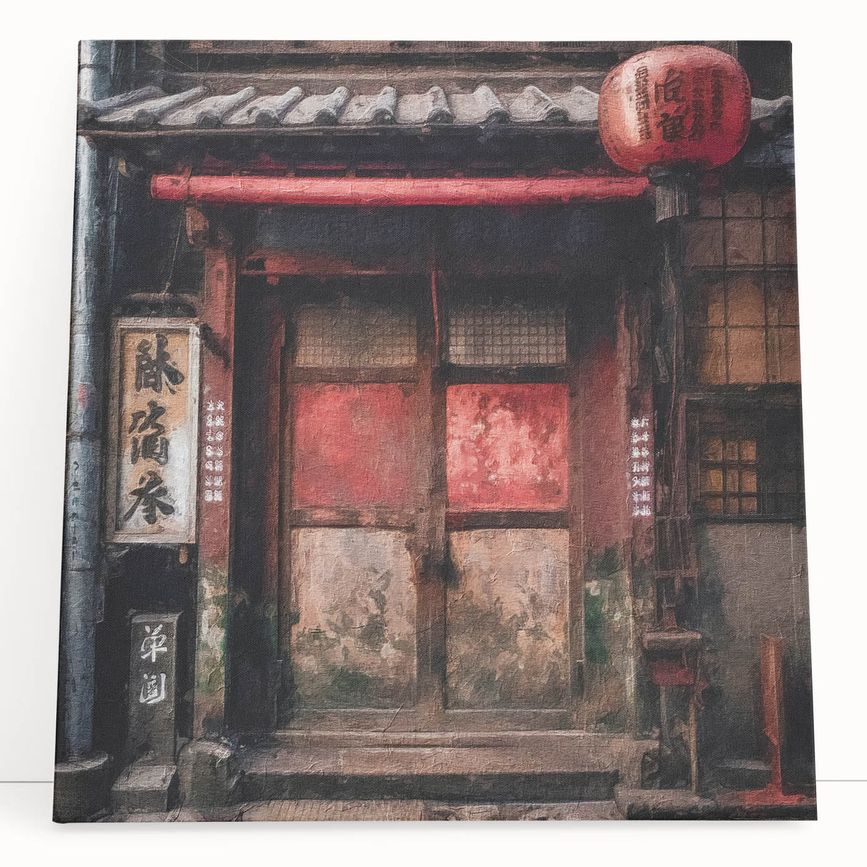 Black and white photo of a Japanese door on stretched canvas, suitable as large kitchen wall art or for bedroom decor.