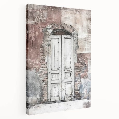 Rustic Italian door depicted in muted earth tones on a large stretched canvas, ideal for kitchen wall art.