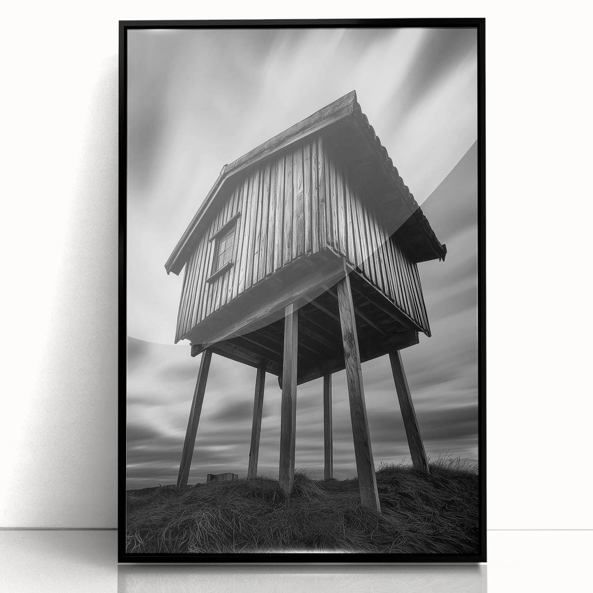 Large abstract wall art featuring geometric shapes in black and white, acrylic print in a black frame.