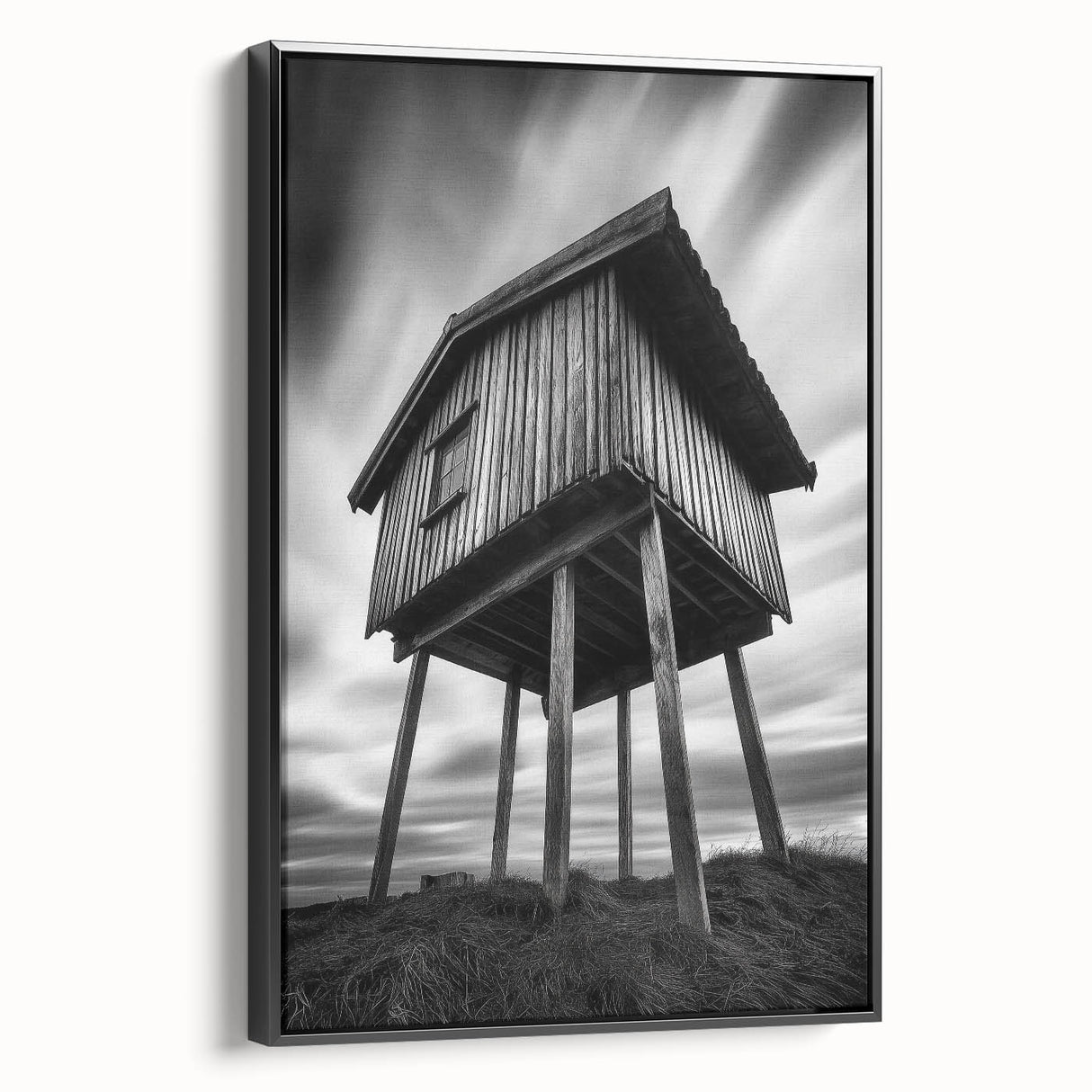 Black and white landscape art painting on a framed canvas, featuring a classic architectural design, ideal for bedroom decor.
