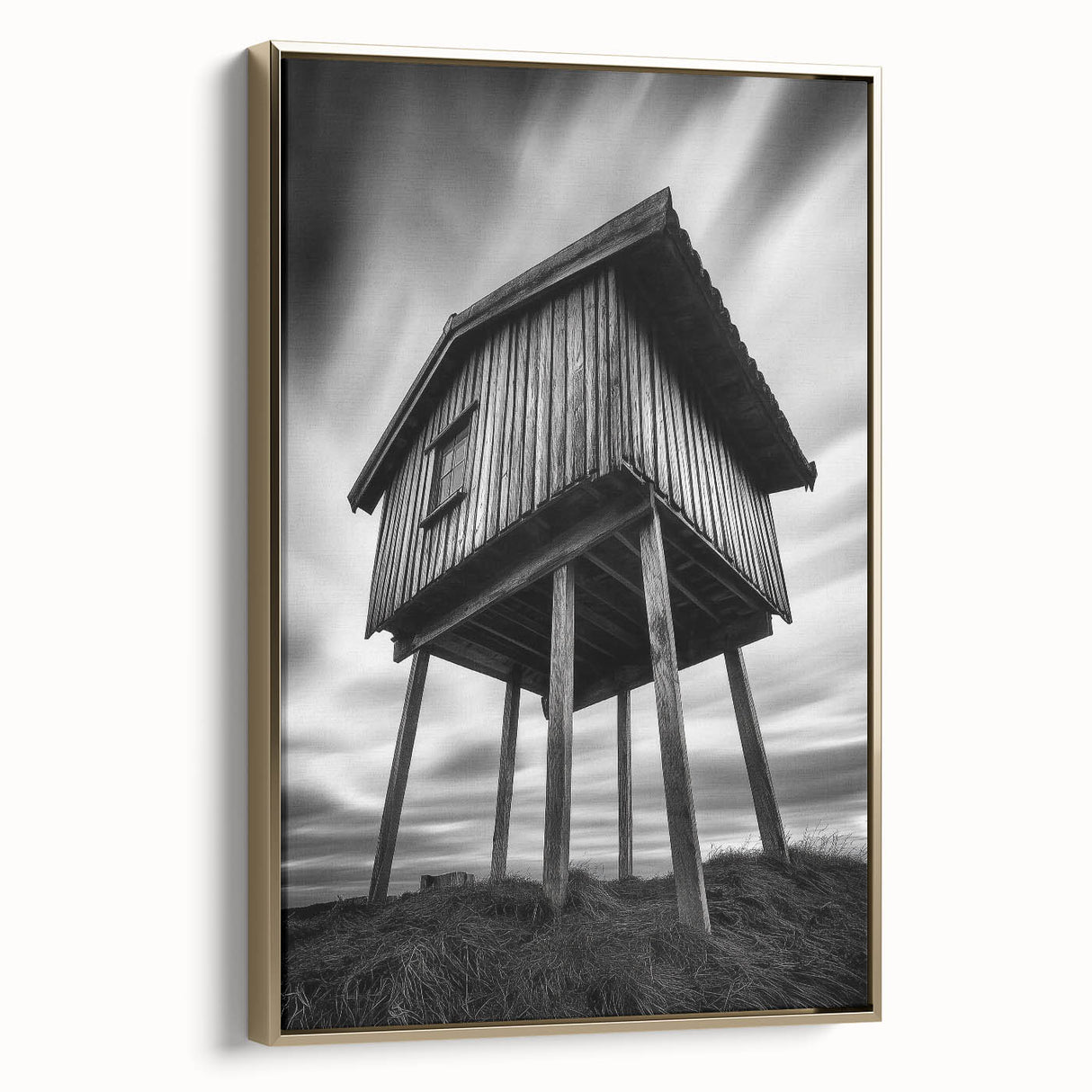 Framed canvas featuring a vintage landscape painting with black and gold tones, suitable for bedroom wall art.