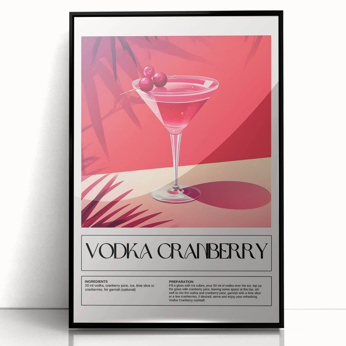 Large abstract wall art depicting food and drinks in mid-century modernist style, framed in black acrylic.