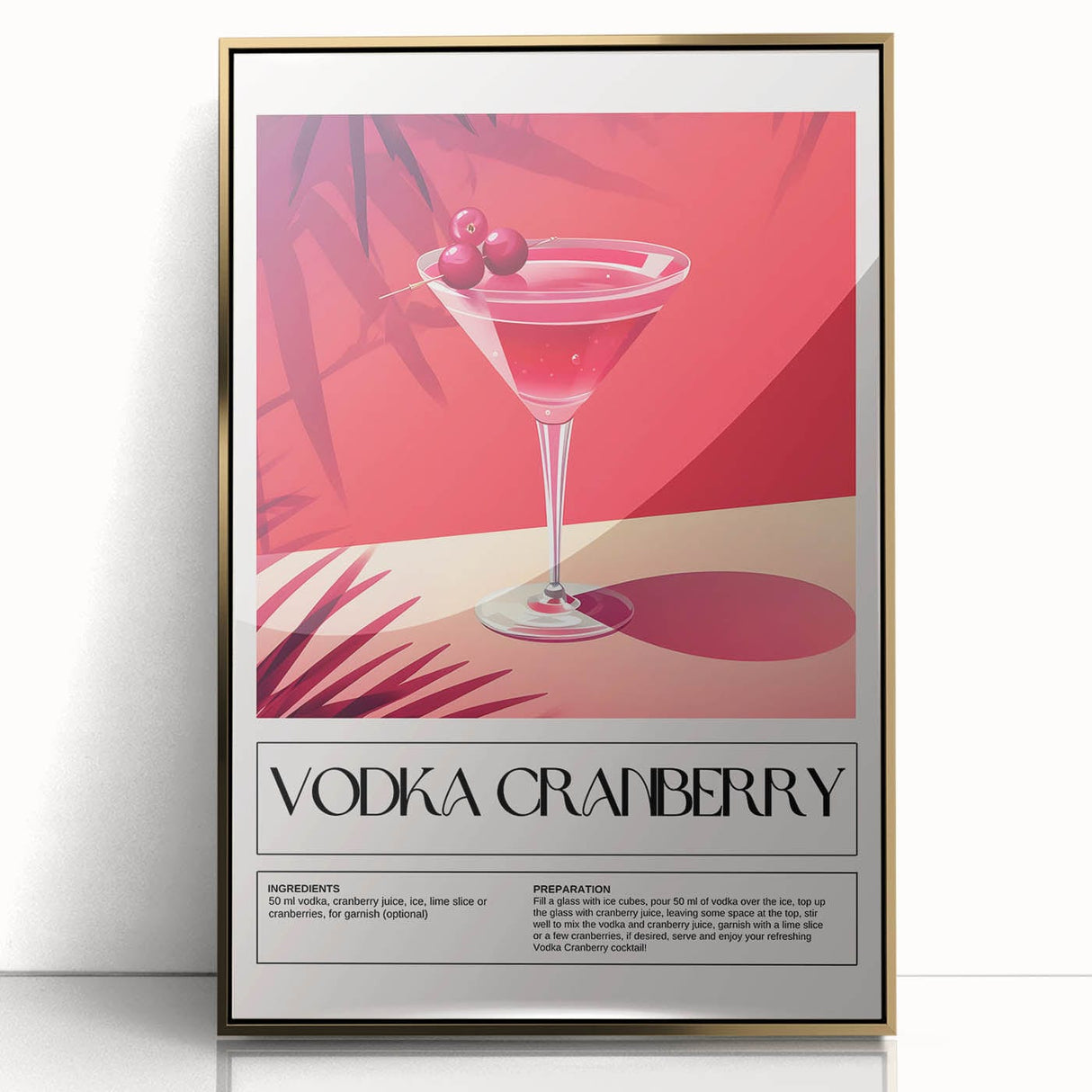 Large art print of colorful food and drinks in a mid-century modernist style, framed in gold acrylic.