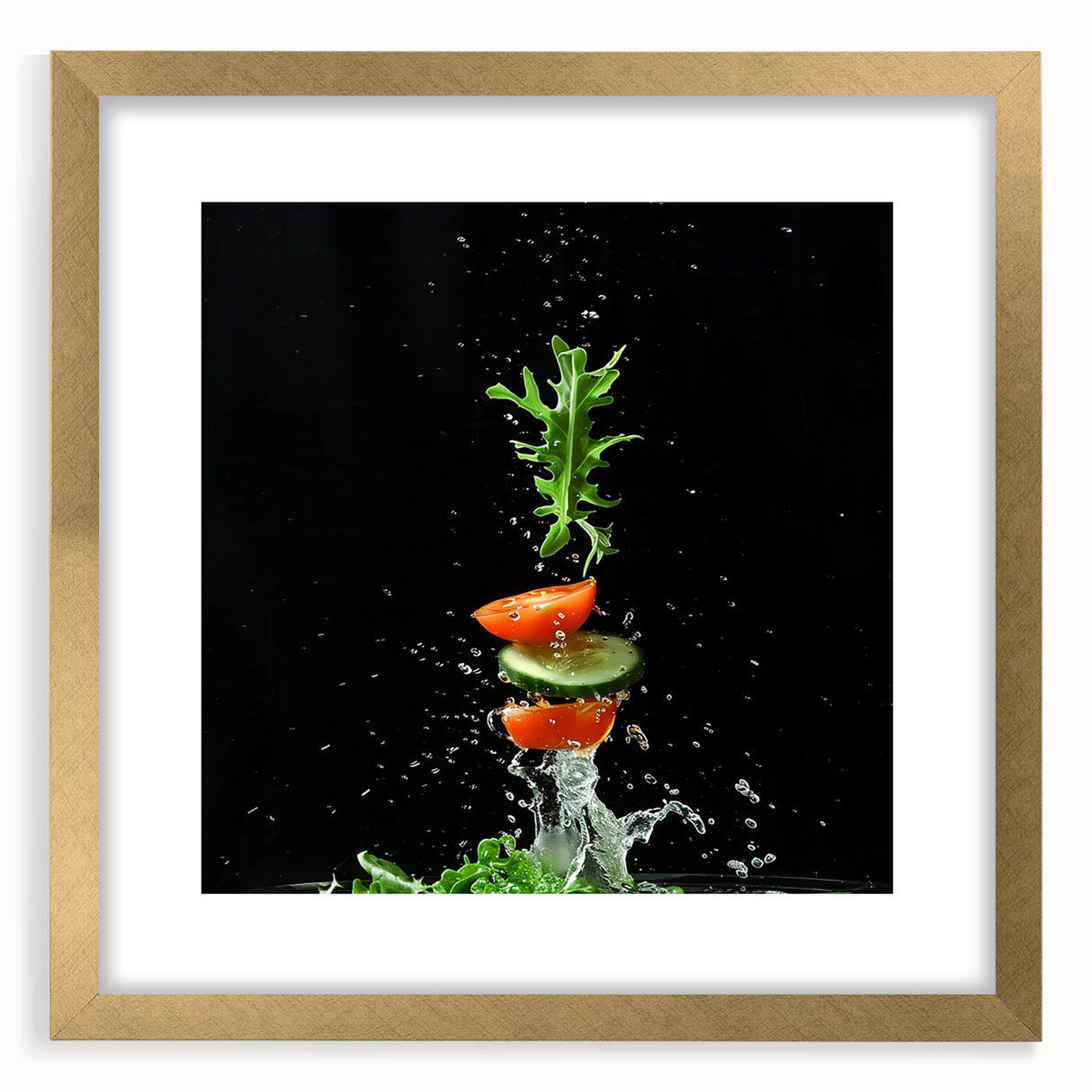 Extra large abstract art print featuring textured fruits in vibrant colors, framed in gold, ideal for living room decor.