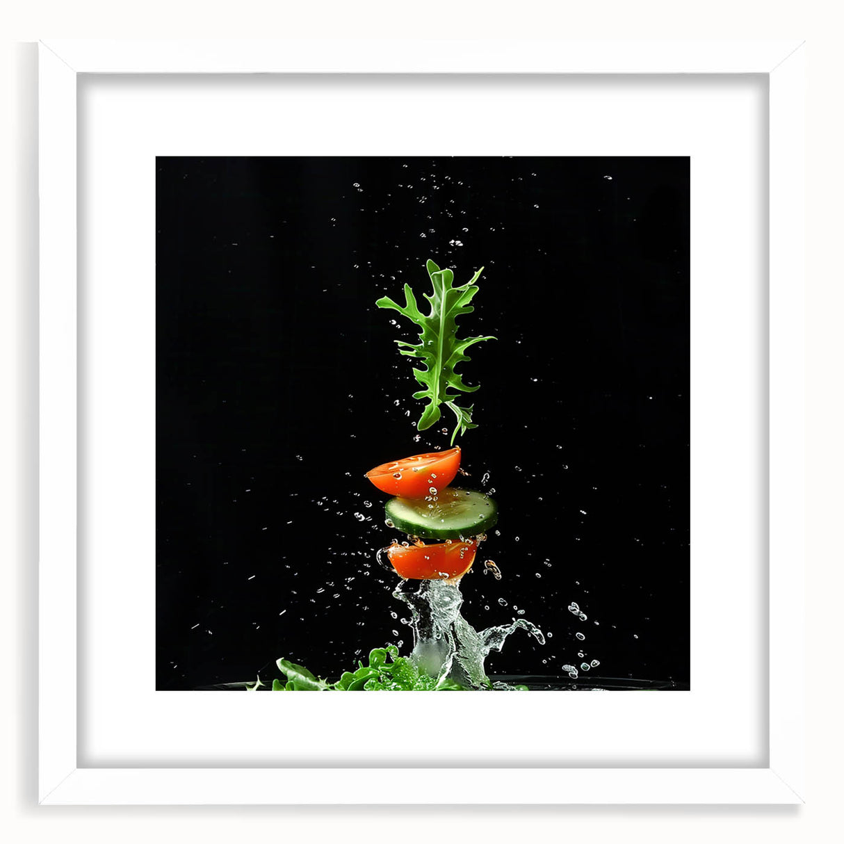 Abstract art print of assorted fruits in vibrant colors on a white framed mat, ideal for dining room decor.