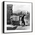 Framed canvas depicting a vintage poster of a landscape painting in muted earth tones, ideal for bedroom wall art.