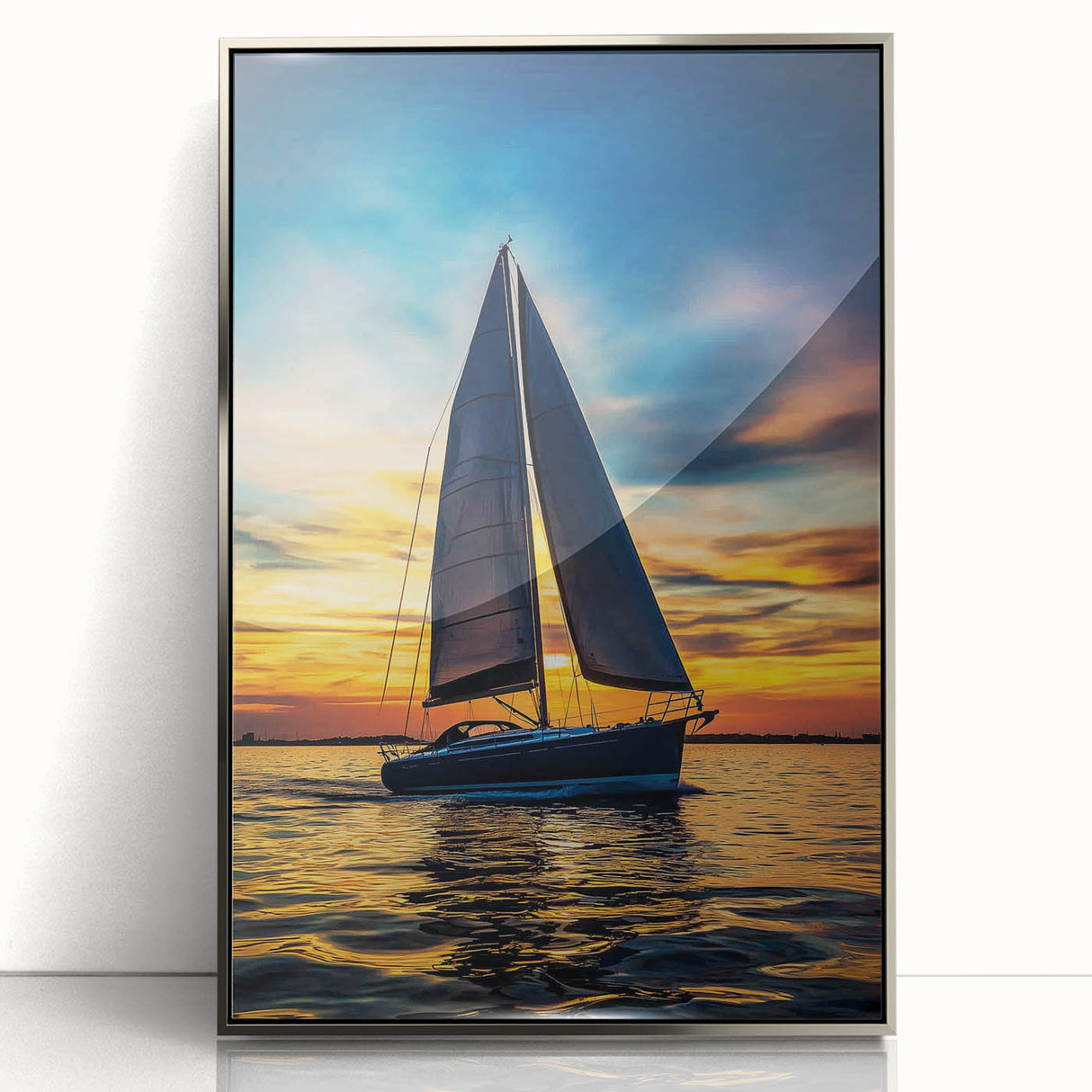 Framed acrylic artwork showcasing a modern landscape design with silver accents, perfect for home decor. The piece features vibrant colors and intricate details, enhancing any wall space.