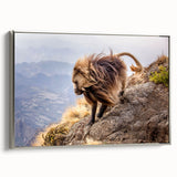 Vintage poster art of an Ethiopian landscape on framed canvas, featuring vibrant earth tones, ideal for living room decor.