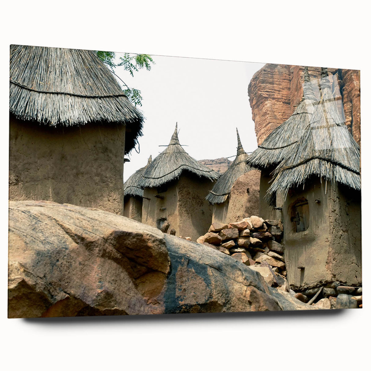 Large abstract depiction of Mali scenery on acrylic glass, featuring earthy tones, ideal for bedroom or dining room art.