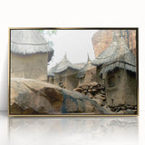 Mid-century modernist art depicting an African Mali landscape in warm earth tones on a framed acrylic.
