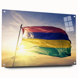 Acrylic print of a large abstract depiction of Mauritius with vibrant blue and green tones.