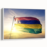 Framed canvas wall art depicting a vintage-style landscape of Mauritius in black and white tones, ideal for bedroom decor.