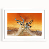 Extra large abstract art print of African scenery in textured style, with muted earth tones, framed with a white mat.
