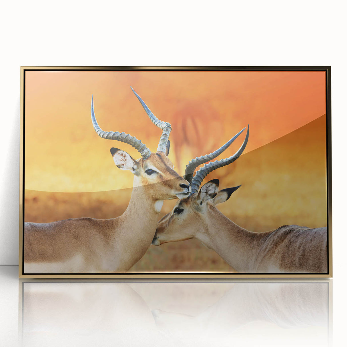 Mid-century modernist art depicting the Namibian landscape on a gold-framed acrylic, featuring earthy tones.