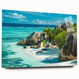 Acrylic print of a Seychelles landscape in vivid blue and green tones, suitable for bedroom or dining room art.