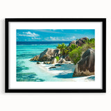 Extra large abstract art print depicting vibrant, colorful Seychelles scenery on a textured canvas, framed in black.