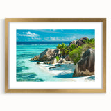 Abstract art print of a Seychelles beach scene in muted blue and green hues on a framed gold canvas.