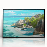 Large abstract wall art depicting the Seychelles landscape in muted earth tones on a framed acrylic.