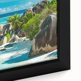 Close-up of extra large framed canvas featuring a textured depiction of Seychelles scenery in black with colorful accents.