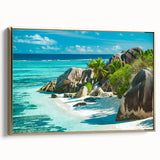 Framed canvas depicting a serene Seychelles landscape in muted earth tones, ideal for bedroom wall art.