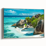 Landscape art painting of Seychelles with vibrant colors on framed canvas, ideal for living room decor.