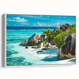 Vintage poster art of a Seychelles scenery on framed canvas, featuring vibrant colors, ideal for large living room walls.