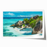Extra large rolled print of a Seychelles landscape with vibrant green foliage and ocean blues.