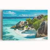 Black and white photo of Seychelles scenery on large stretched canvas, ideal for kitchen wall art or bedroom decor.
