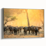 Framed canvas of a vibrant African landscape in rich, earthy tones, ideal for adding a colorful accent to a living room.