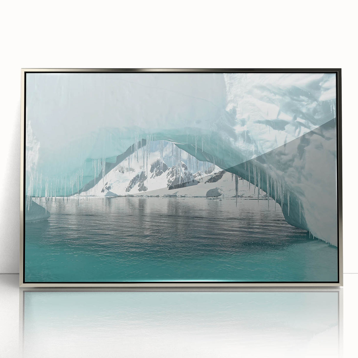 Mid-century modernist art depicting an Antarctic landscape in muted blue tones on a framed acrylic print.
