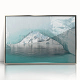 Mid-century modernist art depicting an Antarctic landscape in muted blue tones on a framed acrylic print.