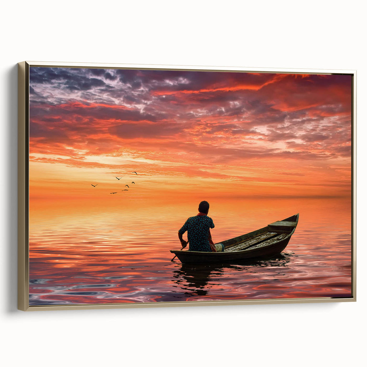 Framed canvas featuring a vintage-style landscape painting of a serene Bangladesh river scene in muted gold and black tones.