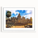 Abstract art print of a Cambodian landscape in muted earth tones on a framed white mat, suitable for dining room decor.