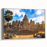 Landscape art painting of a Cambodian scenery on framed canvas, featuring vibrant colors against a black background.