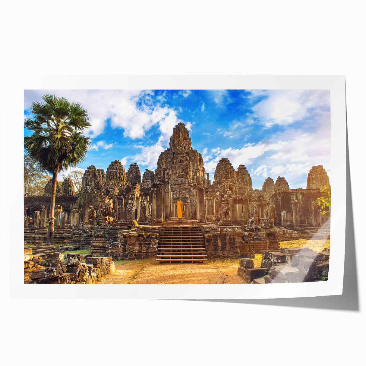Rolled print of a Cambodian landscape with lush greenery and temple, in muted earth tones, suitable for dining room wall art.