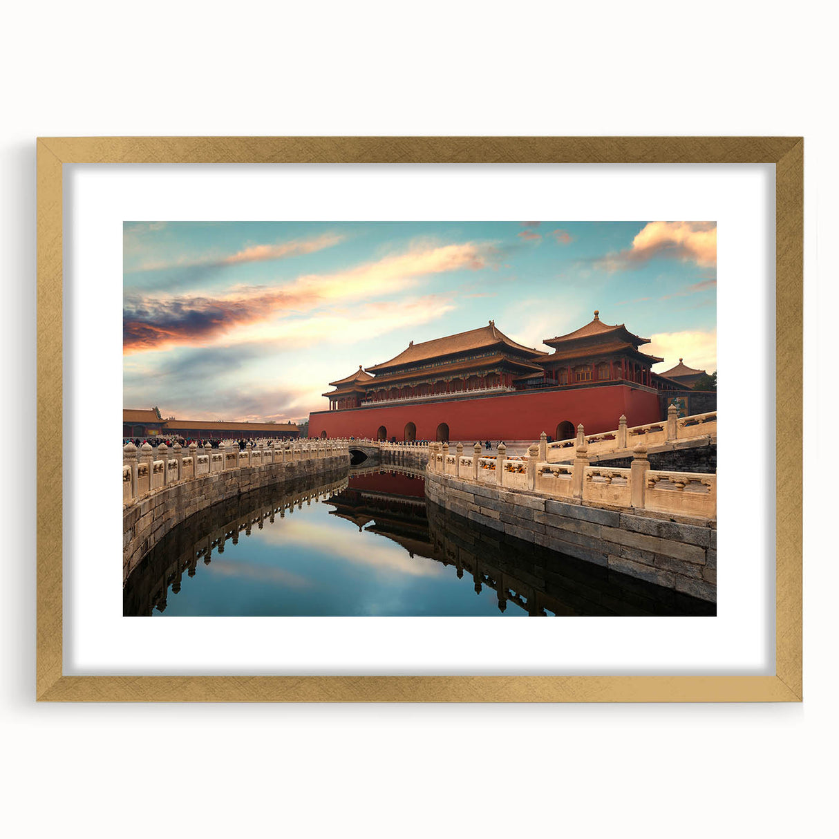 Extra large abstract art print of a textured Beijing cityscape in muted gold tones on a framed canvas.