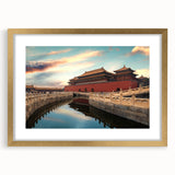 Extra large abstract art print of a textured Beijing cityscape in muted gold tones on a framed canvas.