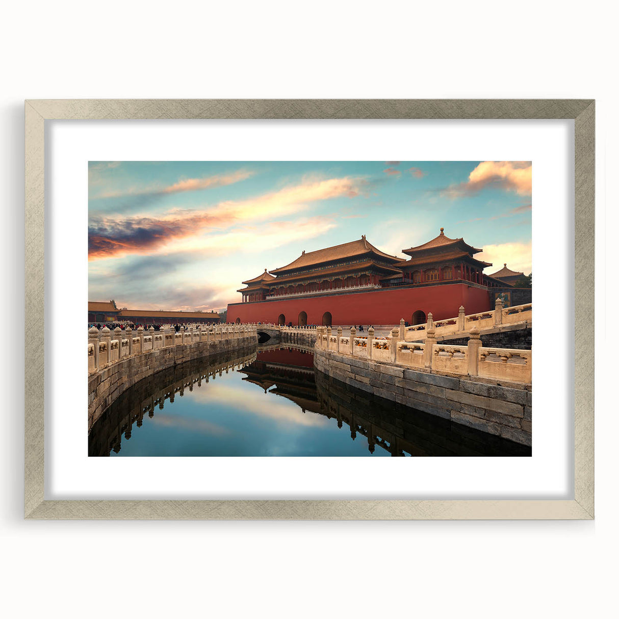 Textured abstract art print of a stylized Beijing cityscape in muted silver and gray tones on a framed canvas.