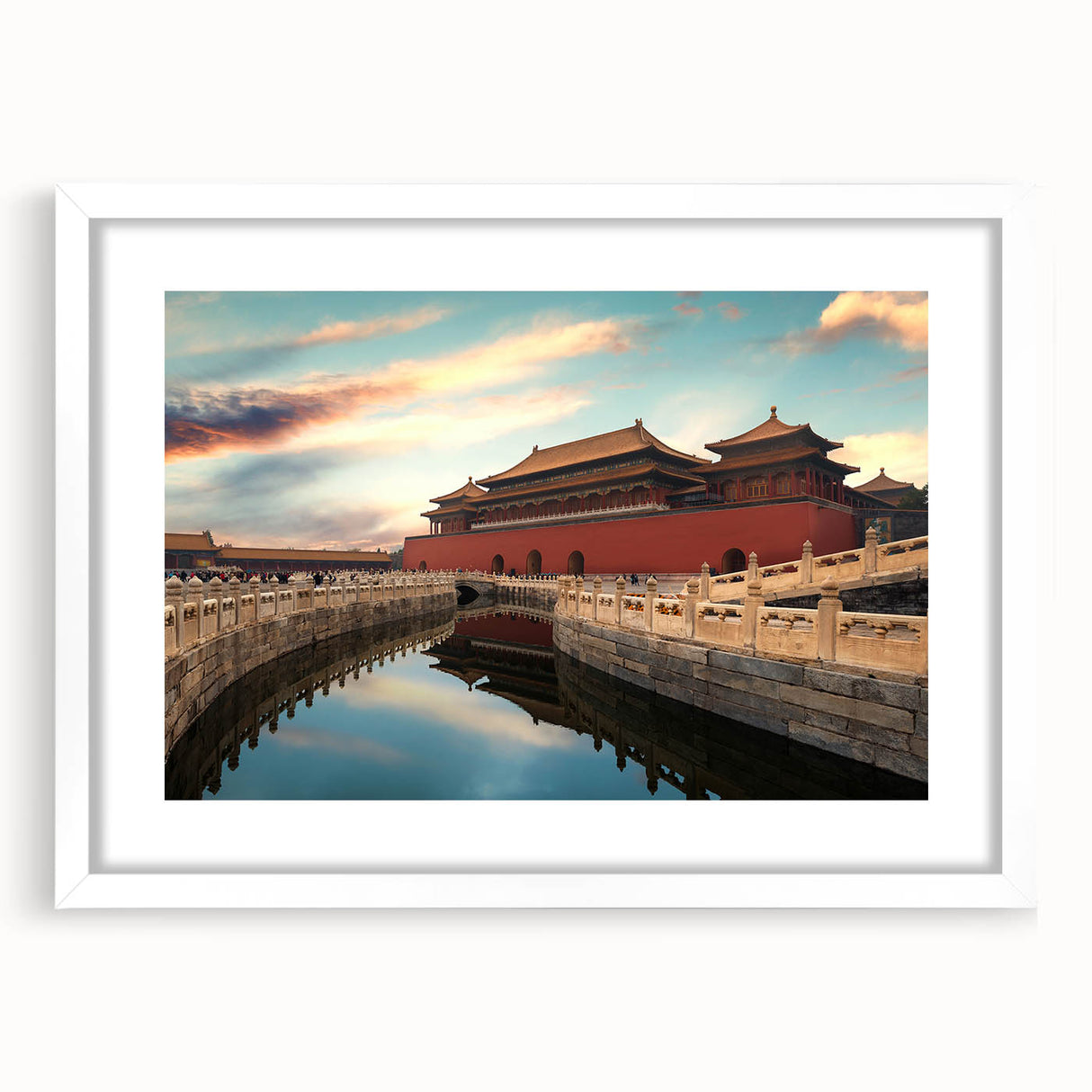 Abstract art print depicting a stylized Beijing cityscape in muted gray and blue tones on a framed white mat.