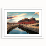 Abstract art print depicting a stylized Beijing cityscape in muted gray and blue tones on a framed white mat.