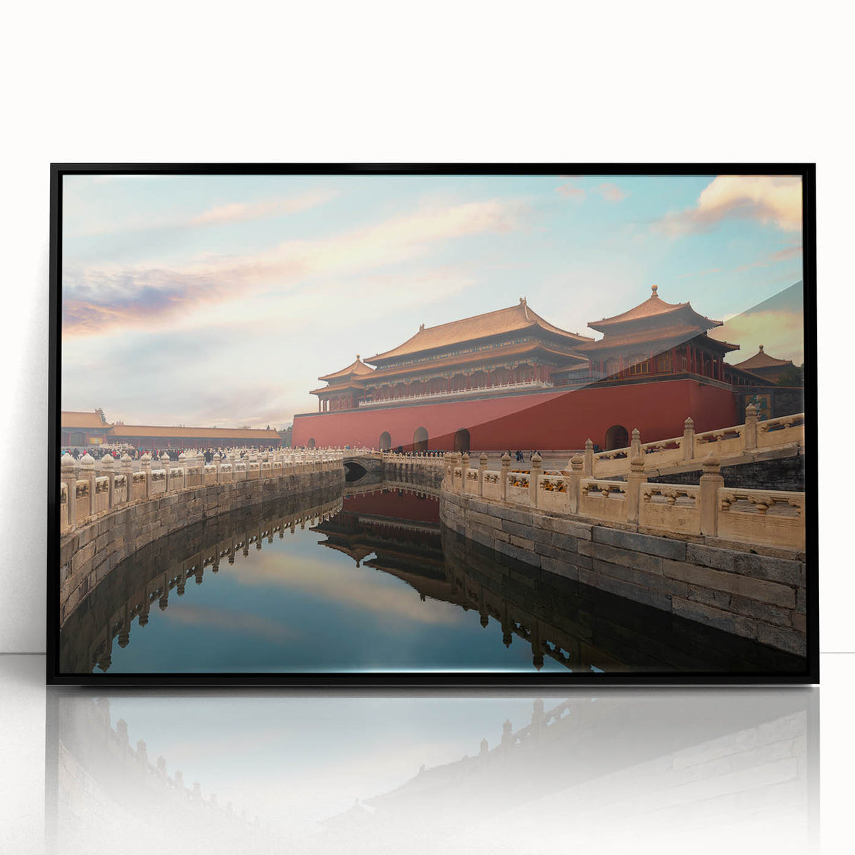 Large abstract wall art depicting a stylized Beijing skyline in muted gray and blue tones on a framed acrylic print.