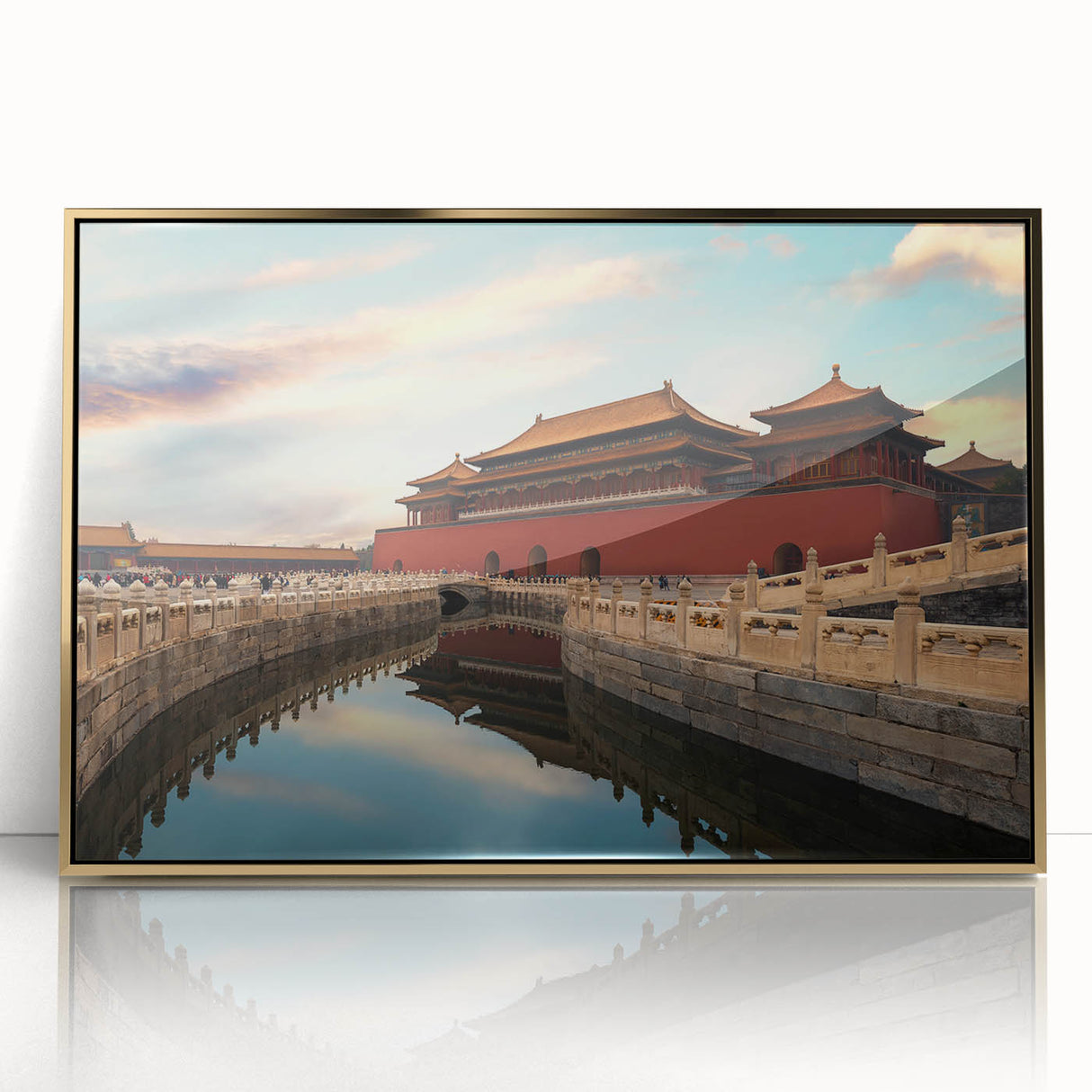 Framed acrylic print of Beijing cityscape in muted gold and gray tones, ideal for modern art wall decor.