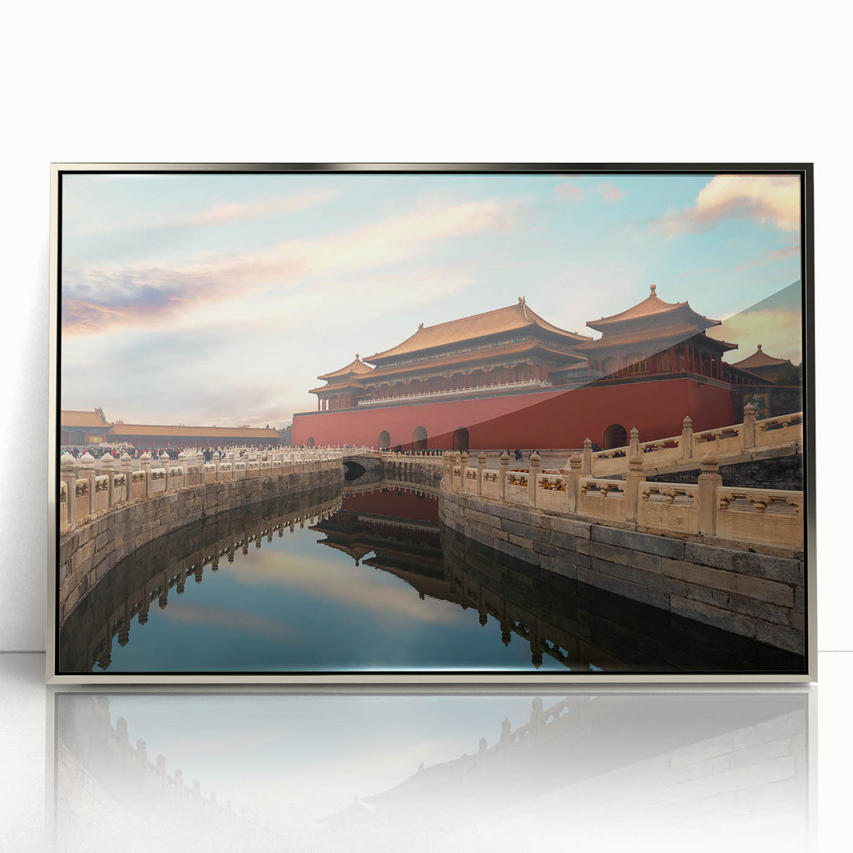 Mid-century modernist art depicting the Beijing skyline in muted silver and gray tones on a framed acrylic print.