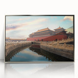 Mid-century modernist art depicting the Beijing skyline in muted silver and gray tones on a framed acrylic print.
