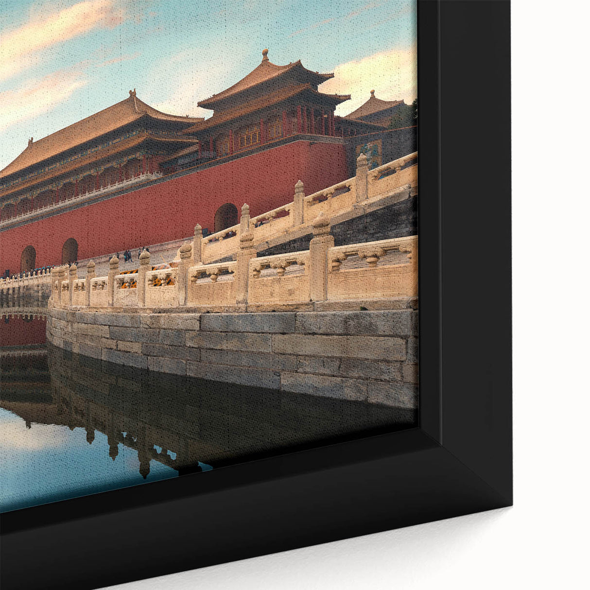 Framed canvas of a textured, colorful Beijing cityscape in black, ideal for living room decor.