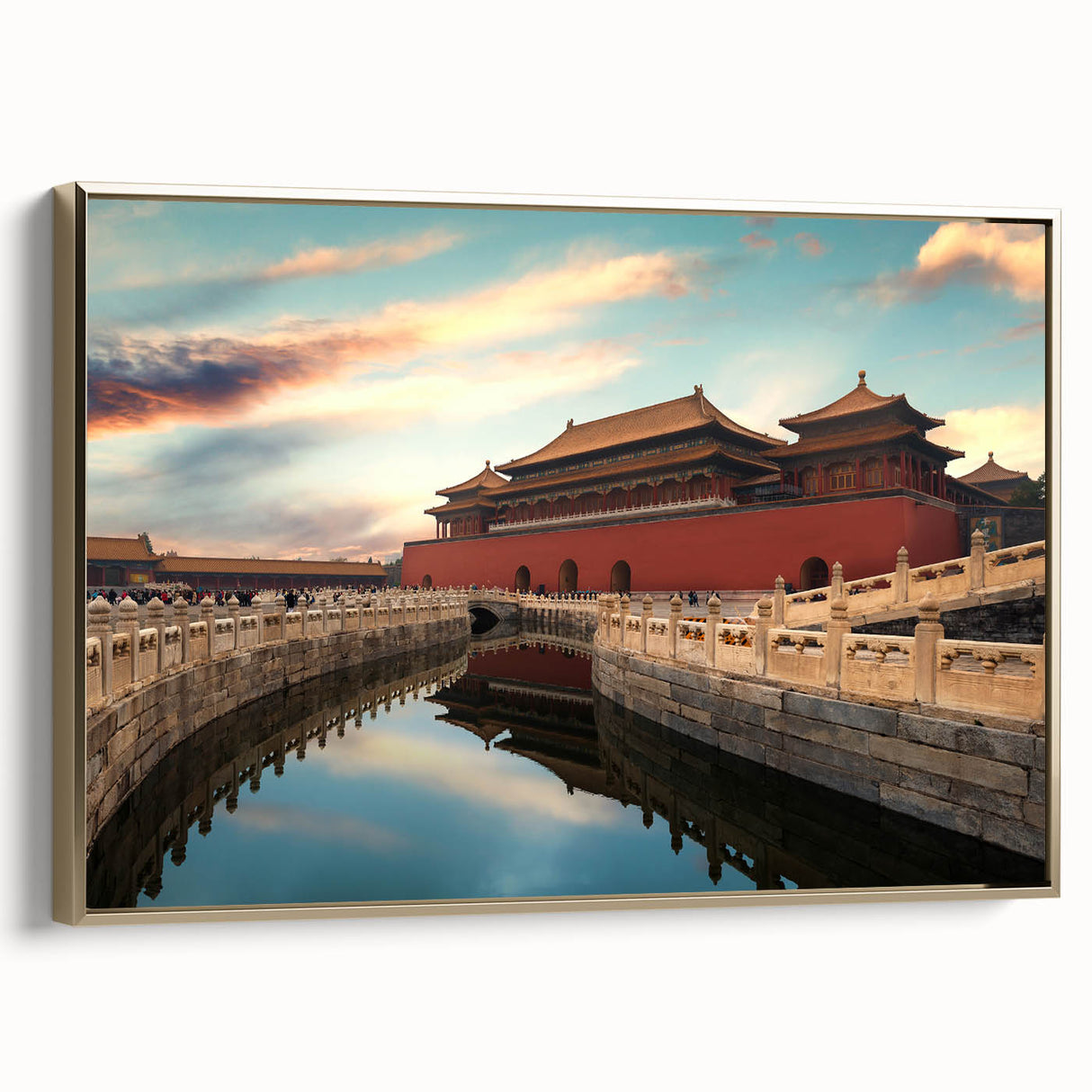 Framed canvas wall art depicting a vintage-style Beijing landscape in black and gold, ideal for bedroom decor.