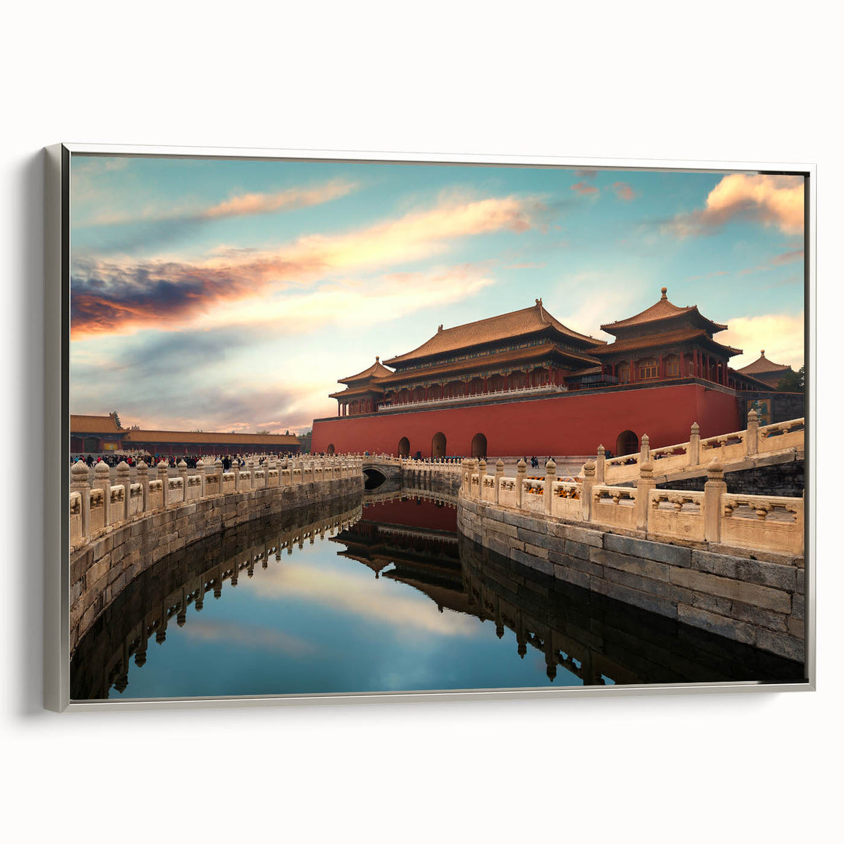 Framed canvas featuring a vintage-style landscape painting of Beijing with colorful art elements on a black background.