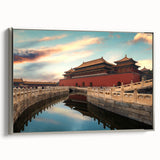 Framed canvas featuring a vintage-style landscape painting of Beijing with colorful art elements on a black background.