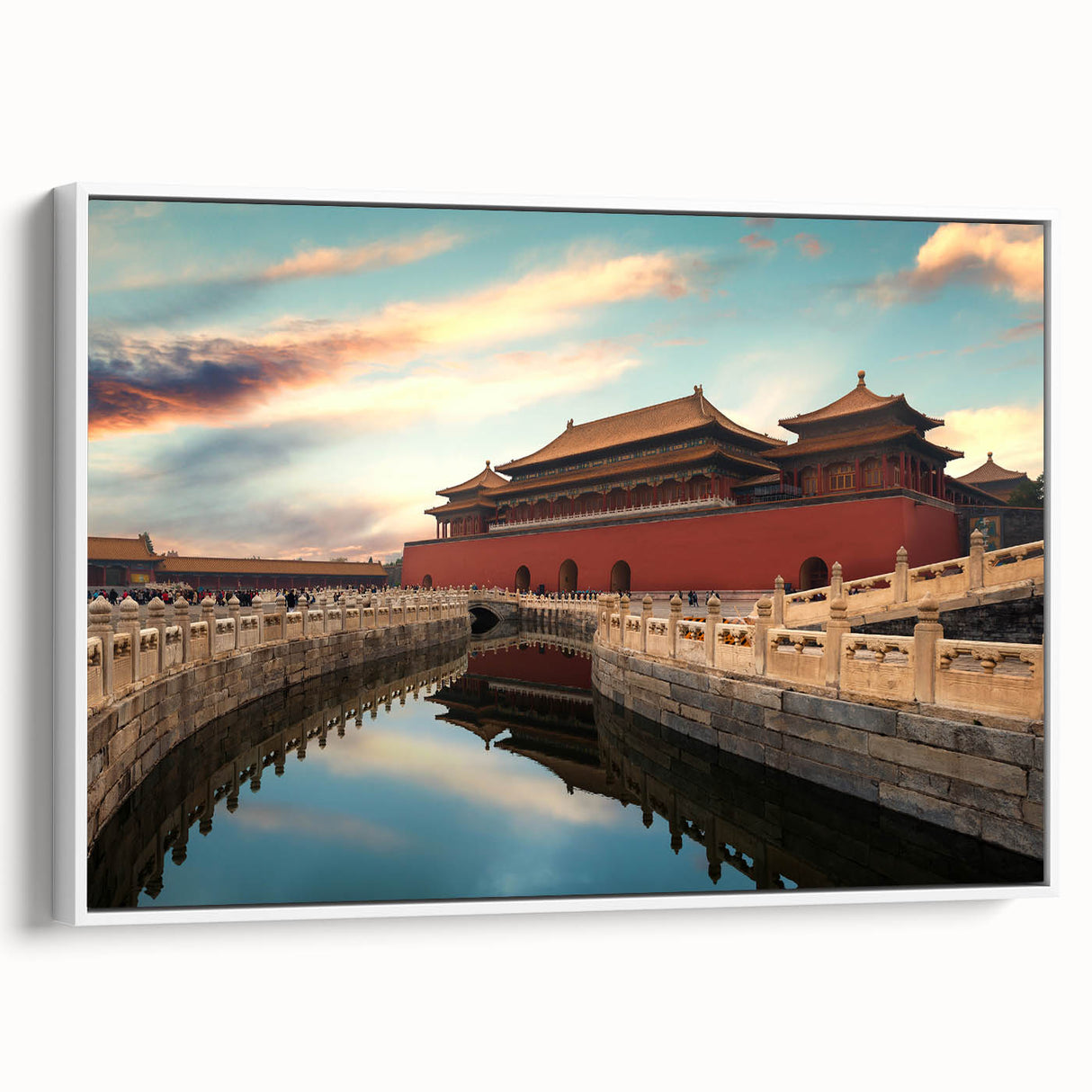 Vintage poster art of Beijing scenery on framed canvas, with colorful accents, ideal for living room decor.